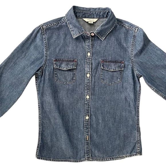 Lands’ End Girl’s Medium Wash Denim Button Front Collared Top Size 8 - Picture 2 of 12